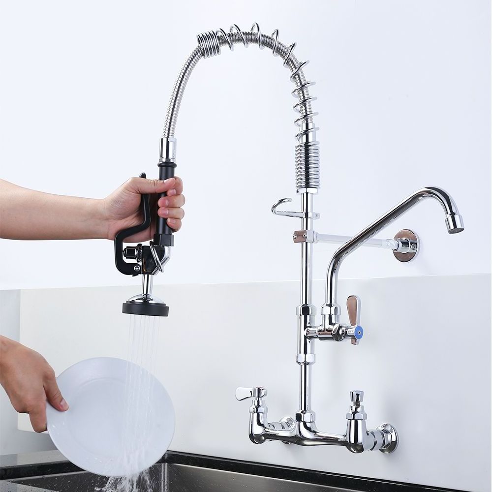 Commercial Kitchen Faucet With Dishwasher Valve Wall Mount with Pull Down Pre-Rinse Sprayer Faucet