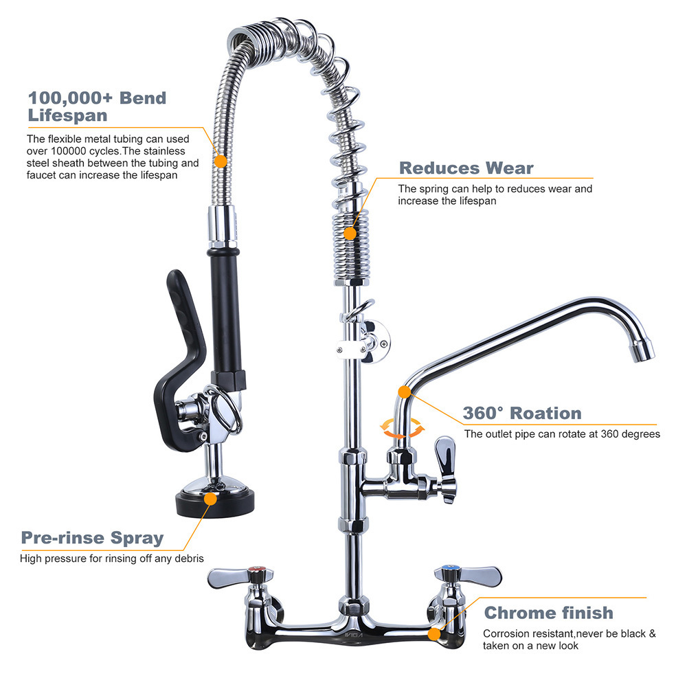 Commercial Wall Mount Pre Rinse Faucet With High Pressure Dishrinse Sprayer Nozzle And Add-on Swing Spout Dish Prerinse Faucet