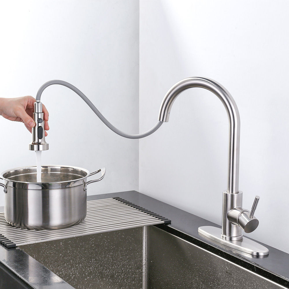 High Arc Stainless Steel Kitchen Faucets Single Handle Kitchen Sink Faucets with Pull Down Sprayer Nickle Kitchen Faucet