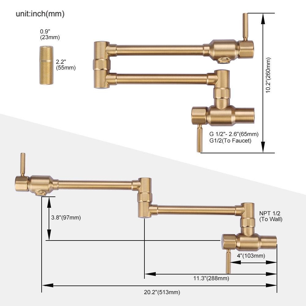 20 Inch Folding Stretchable Copper Pot Filler Faucet Kitchen Wall Mount Pot Filling Faucet