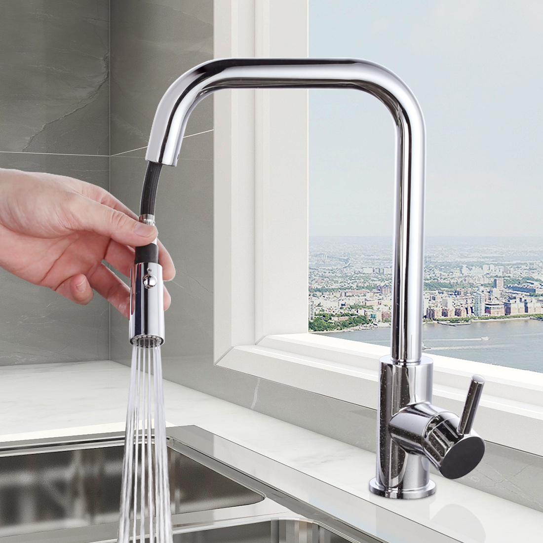 Durable 304 Stainless Steel  Kitchen Taps with Pull Out Extendable Hose Kitchen Sink Faucet Mixer Tap