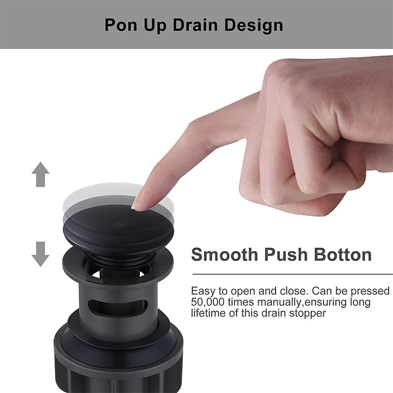 Bathroom Sink Drain Pop Up Drain Stopper with Overflow, Matte Black Vessel Sink Drain Built-in Anti-Clogging Strainer