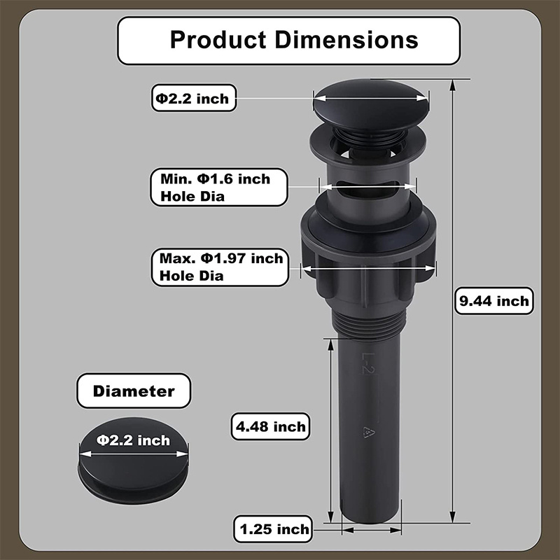 Bathroom Sink Drain Pop Up Drain Stopper with Overflow, Matte Black Vessel Sink Drain Built-in Anti-Clogging Strainer