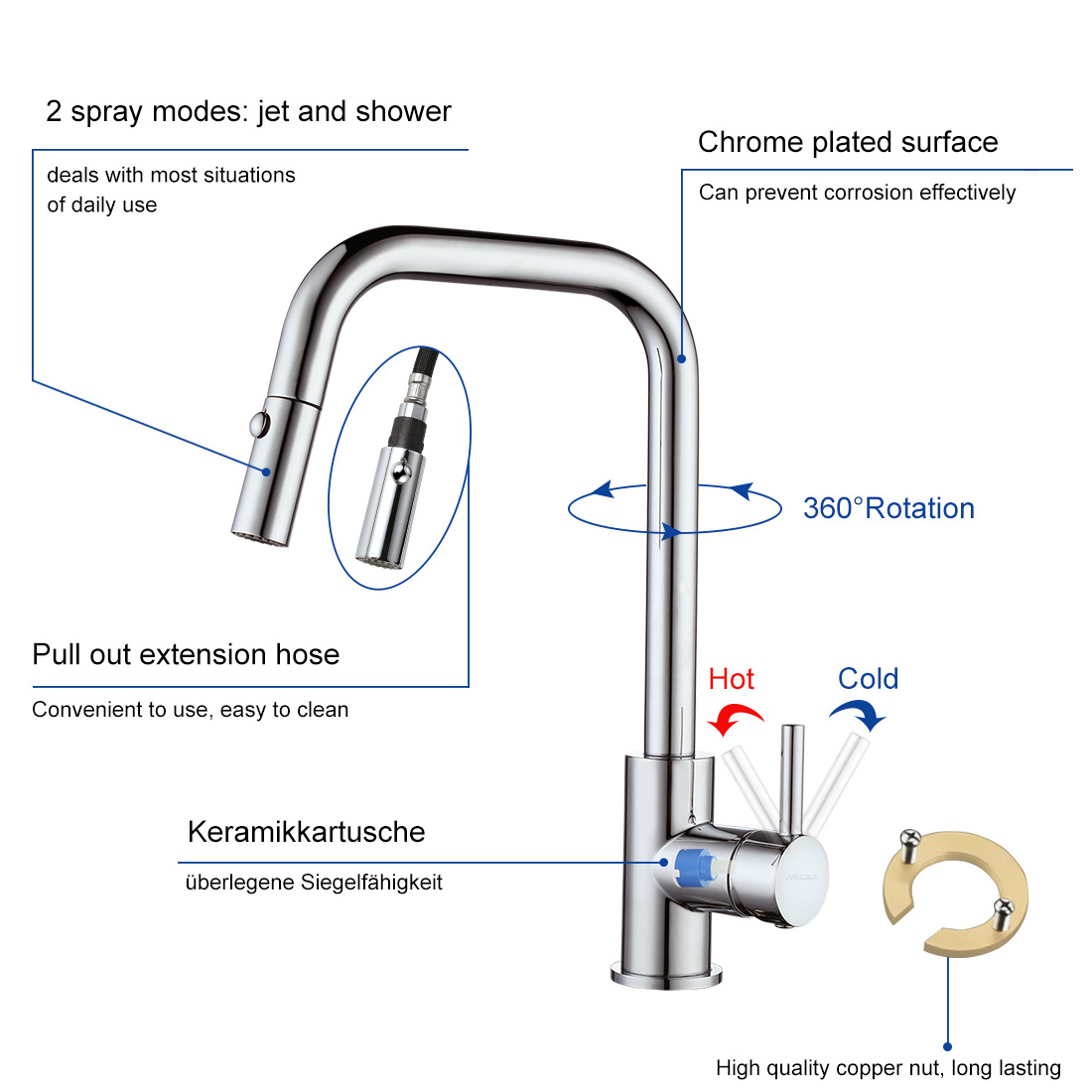 Durable 304 Stainless Steel  Kitchen Taps with Pull Out Extendable Hose Kitchen Sink Faucet Mixer Tap