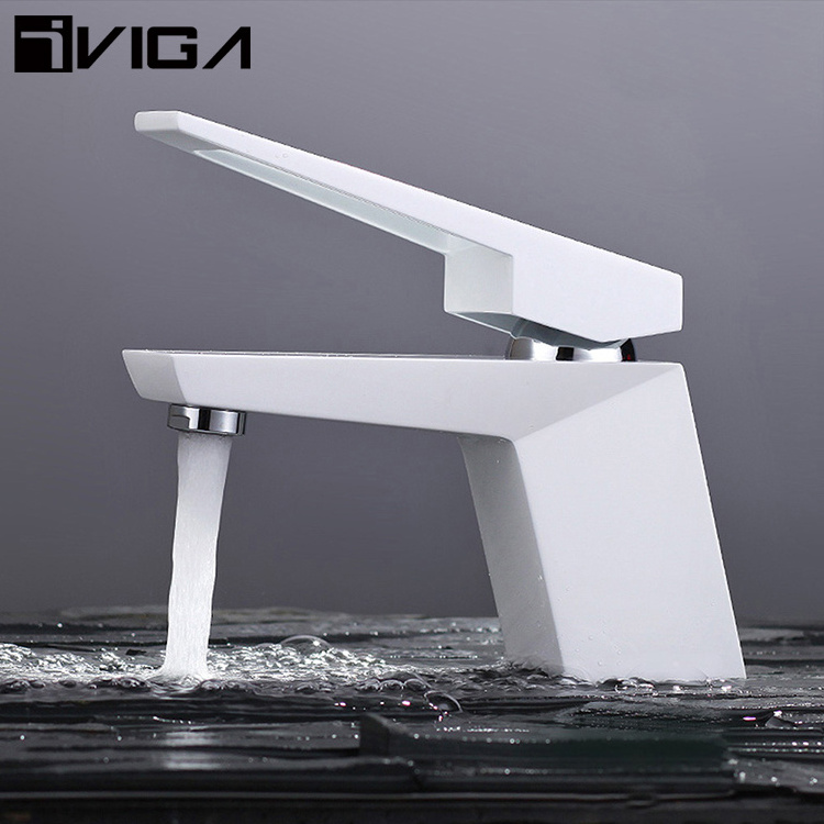 Bathroom Water Tap Sedal Cartridge Hot Cold Faucet Tap White Paint Sauqre Basin Mixer Tap