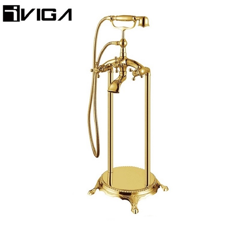 Golden Brass Mix Valve Rainfall Column Cartridge Shower Freestanding Gold Bathtub Faucet