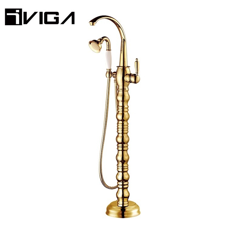 Golden Brass Mix Valve Rainfall Column Cartridge Shower Freestanding Gold Bathtub Faucet