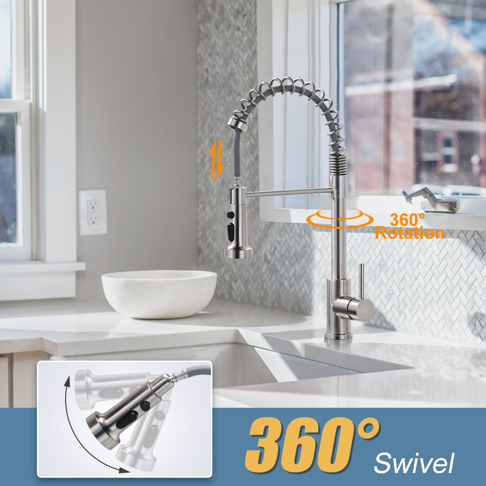 High Pressure Kitchen Faucet with Pull Out Sprayer 3 Ways Spring Kitchen Faucet