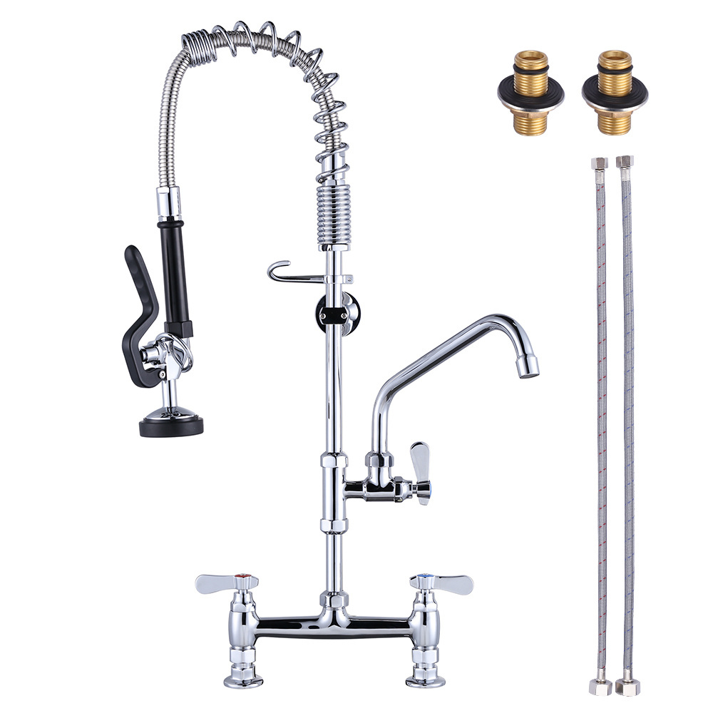 Deck Mount 3 Ways Kitchen Sink Faucet Tap with Swing Spout and High Flow Pre Rinse Spray Valve