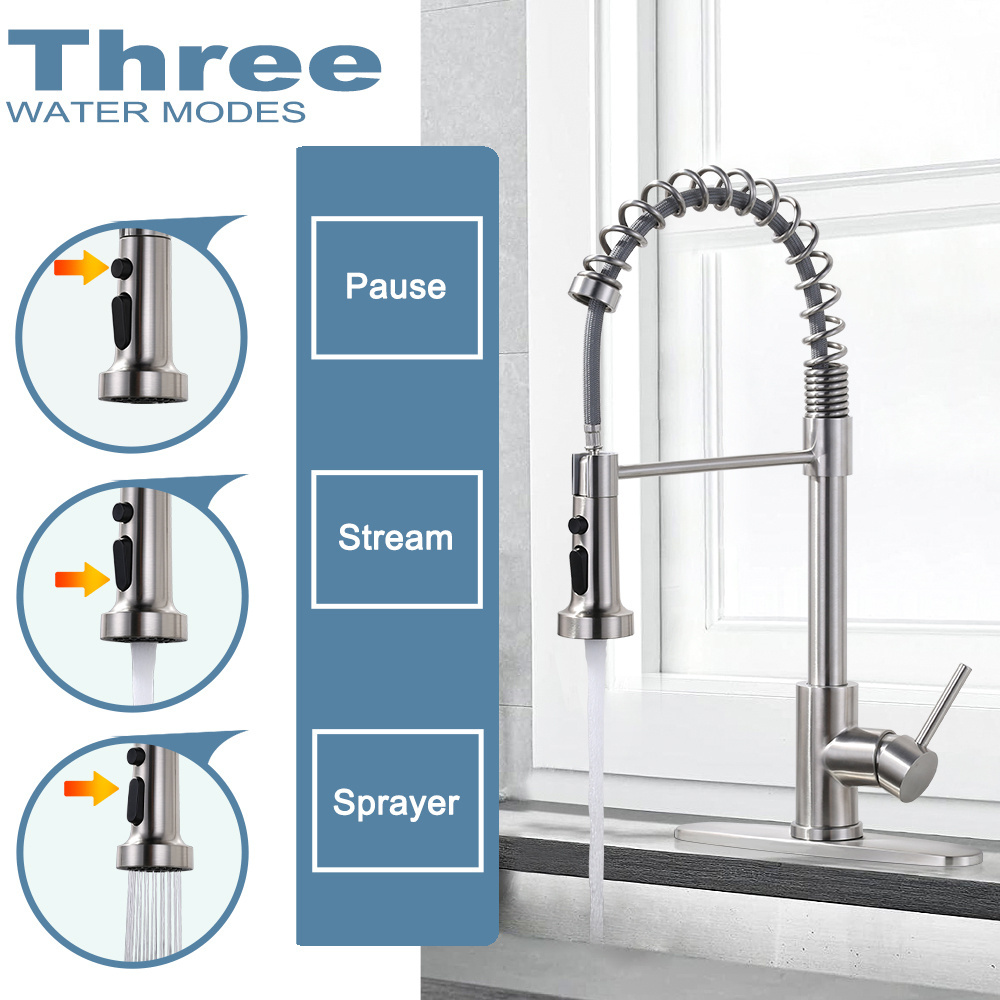 High Pressure Kitchen Faucet with Pull Out Sprayer 3 Ways Spring Kitchen Faucet