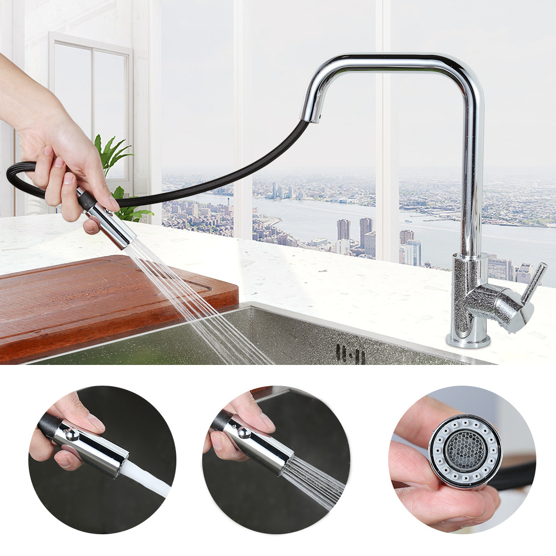 Durable 304 Stainless Steel  Kitchen Taps with Pull Out Extendable Hose Kitchen Sink Faucet Mixer Tap