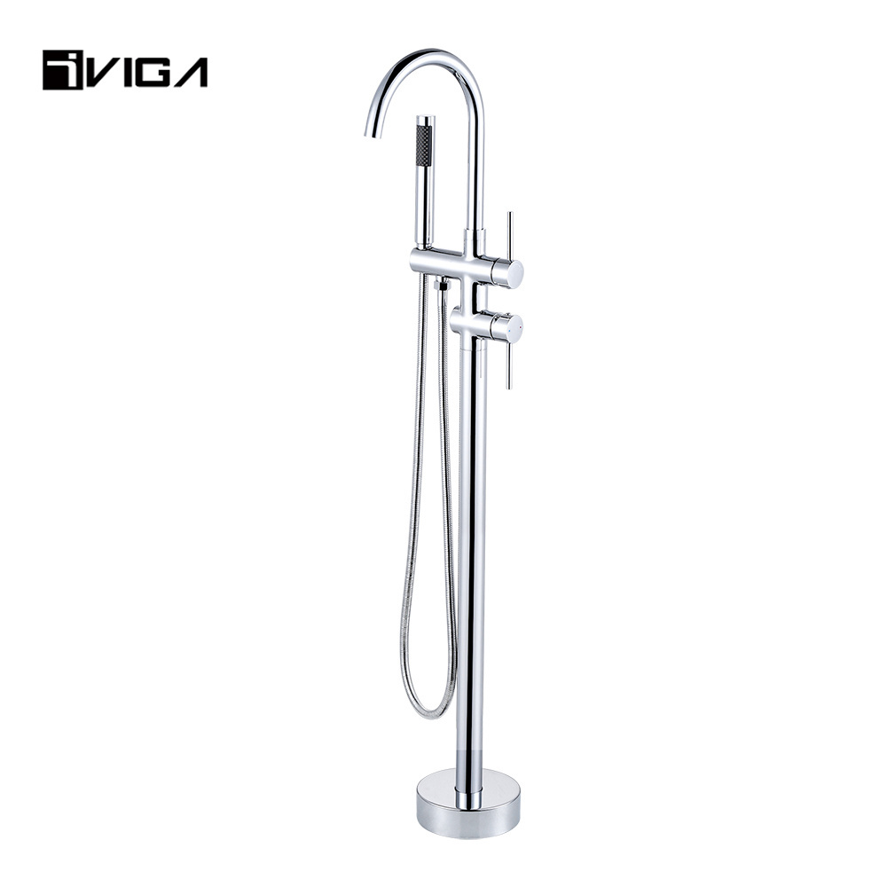 Freestanding Floor Mount Brass Bathroom Faucets with Roman Tub Spout and Hand Shower, Tub Filler Bathtub Faucet