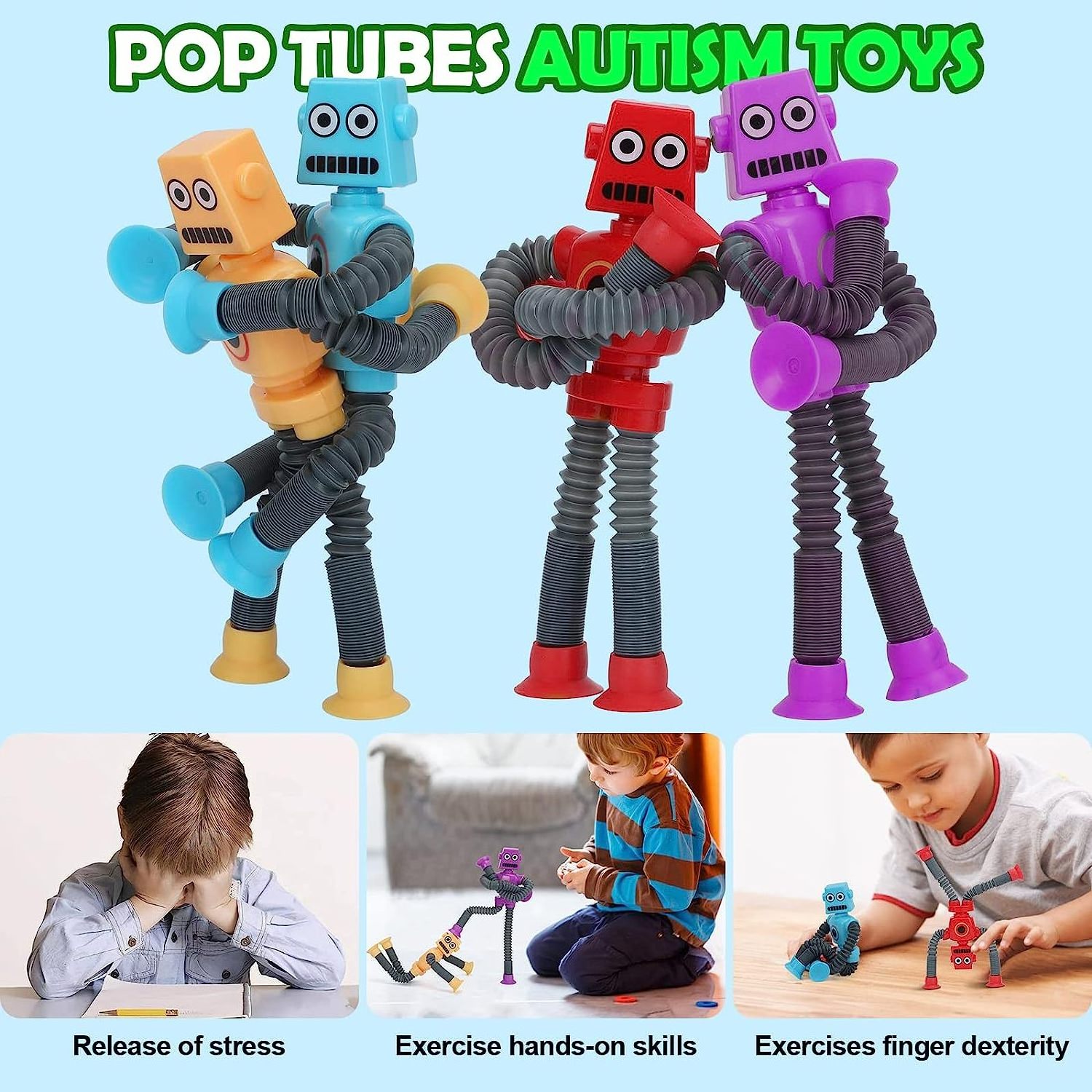 Suction Cup Robot Shape Stress Relief Fidget Toys Lighting Pop Tubes Squeeze Toys for Adults Kids