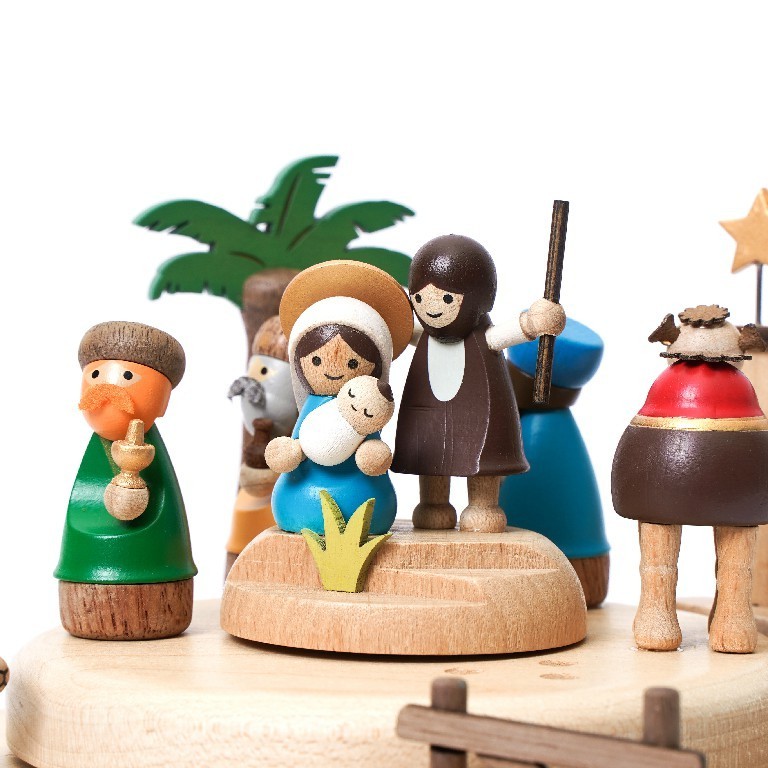 [1A] Custom Wooden Music Box The Nativity in Manger for Christmas Gift