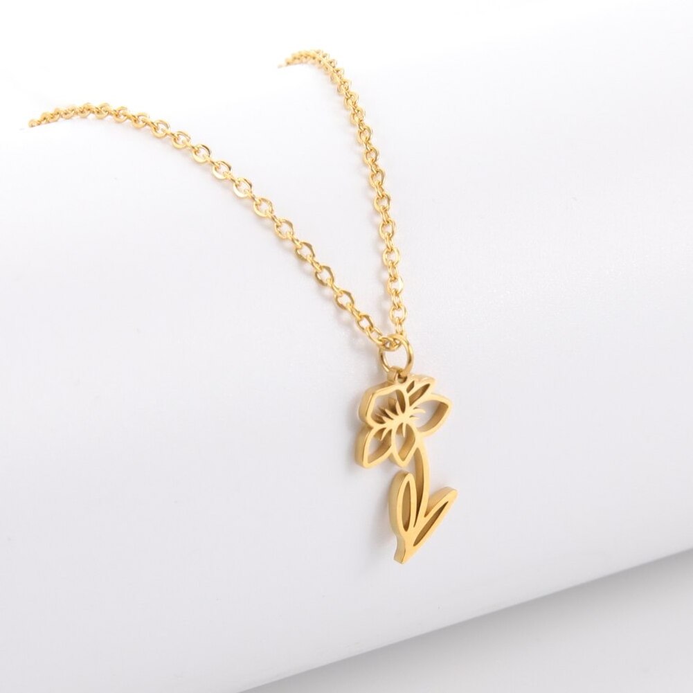 2022 New Trendy Birth Month Flower Necklace For Women Stainless Steel Jewelry 12 Month Birth Sign Pendant Flower Necklace