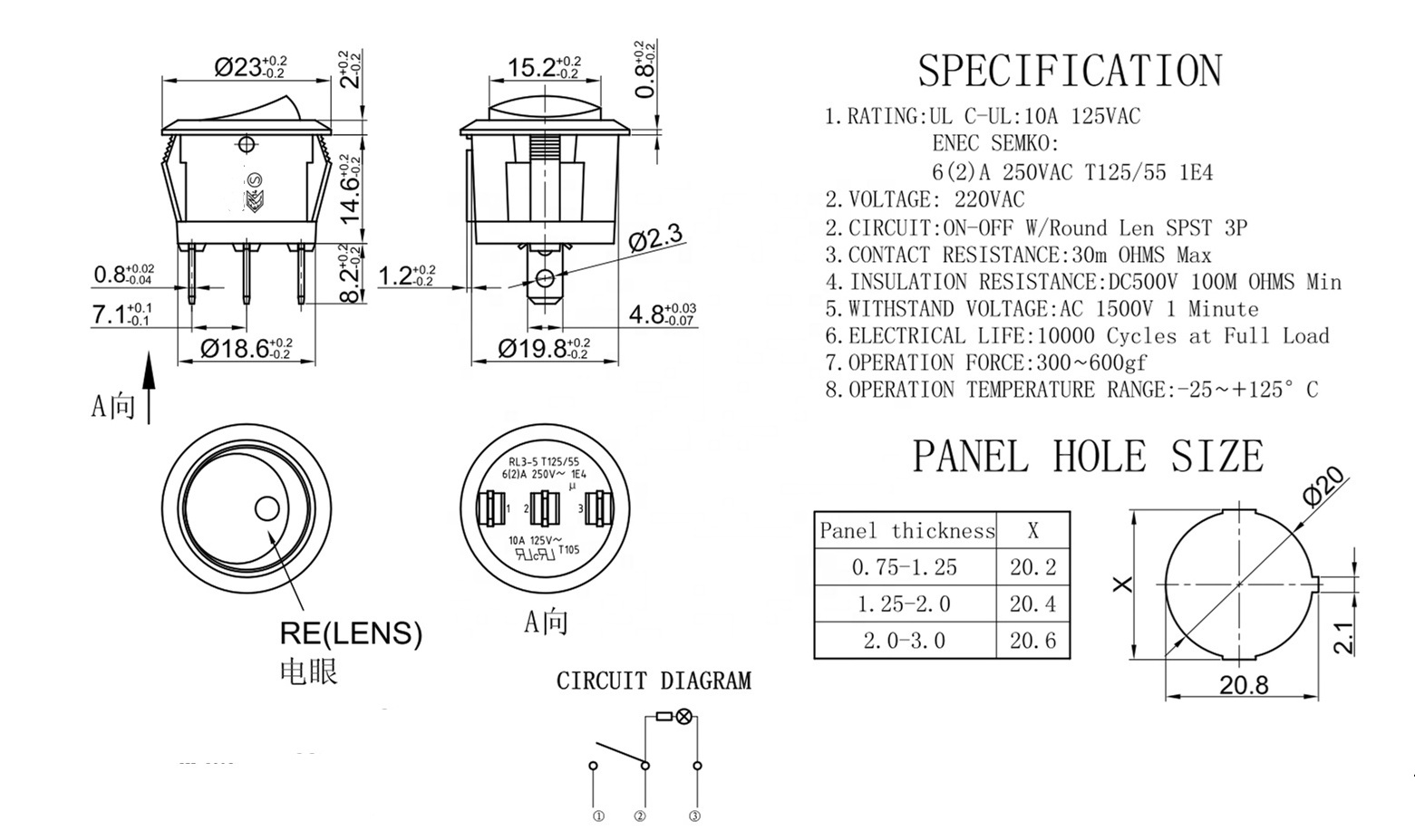 JEC JS-606-2AL-MIR-Q-BB-3H Push Button Electronic Power Rocker Switch Panel