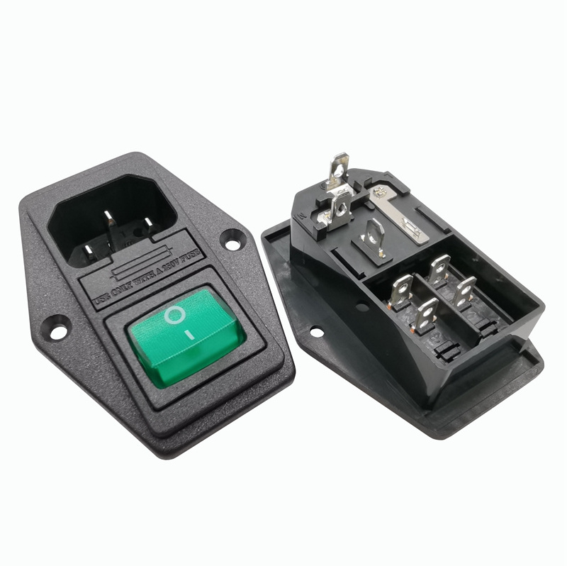 Dongguan direct supply IEC60320 waterproof c14 ac ac inlet power socket with green light rocker switch and fuse holder