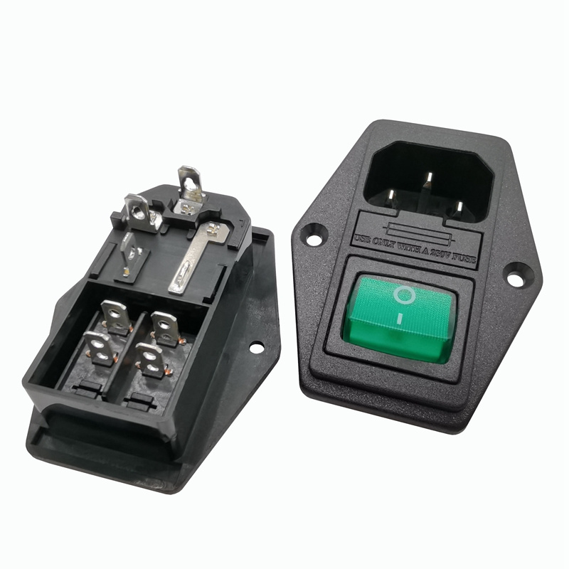 Dongguan direct supply IEC60320 waterproof c14 ac ac inlet power socket with green light rocker switch and fuse holder