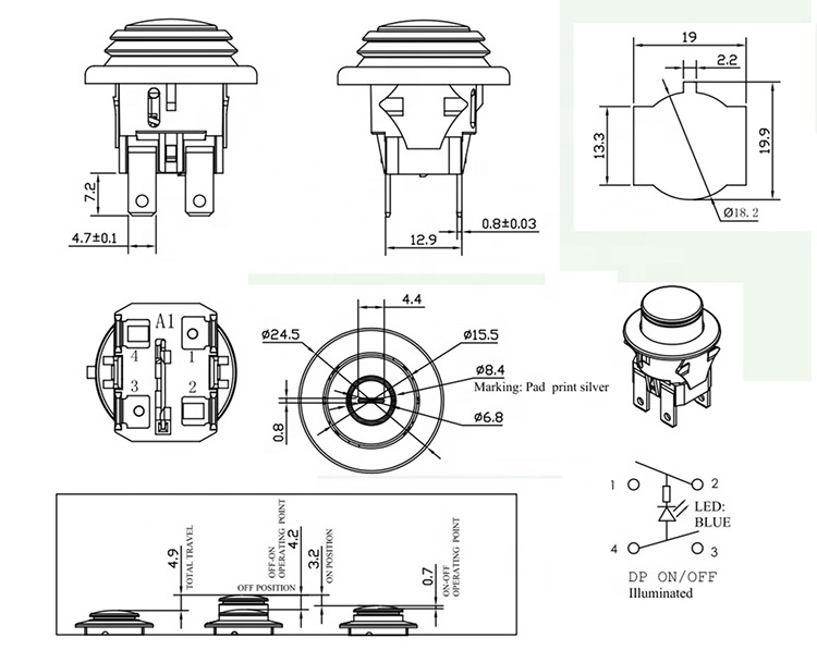 JEC On Off Rocker Switch Automotive JS-KAN-L7-RB Round 2 Pin Spst