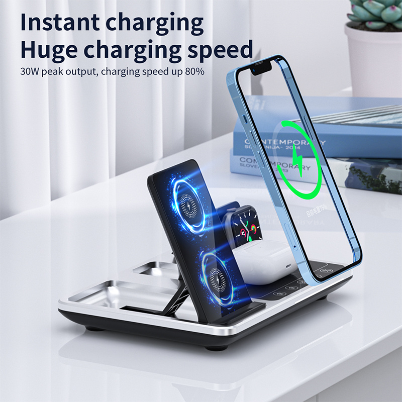 JEDI Hot Sale Quick Charge R11 15W Desktop Electric Smart Lifting 3 In 1 Charger Digital Alarm Clock Wireless Charger With Light