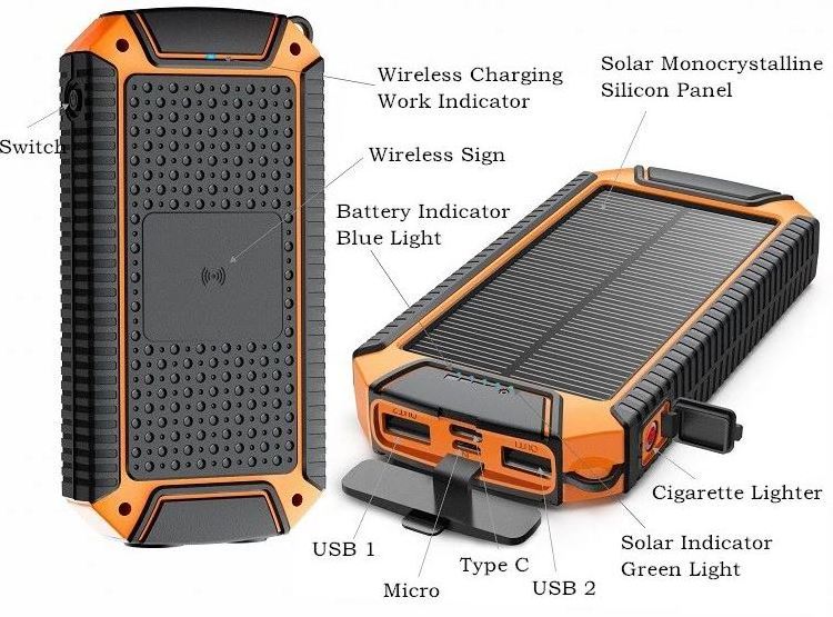 Cigarette Lighter 20000 mAh waterproof solor Wireless charger solar power bank for cell phone