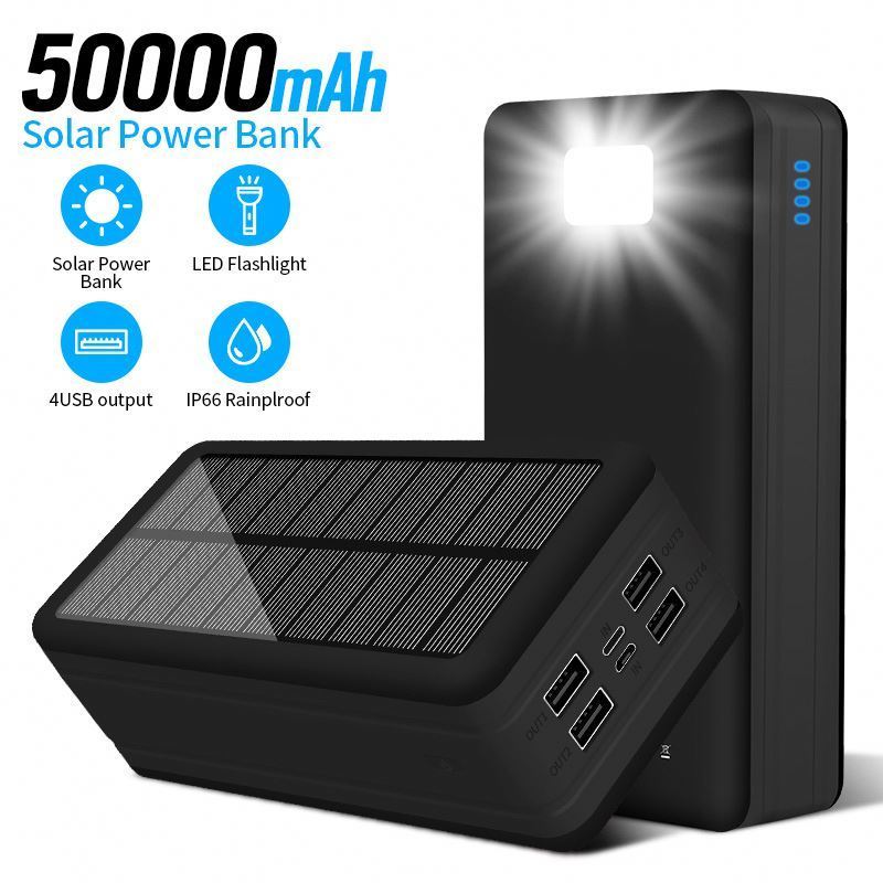 Trending Outdoor Solar Power Bank Outdoor 50000mah Mobile Solar Panel 4 USB Outputs With Flashlight Portable Power Bank