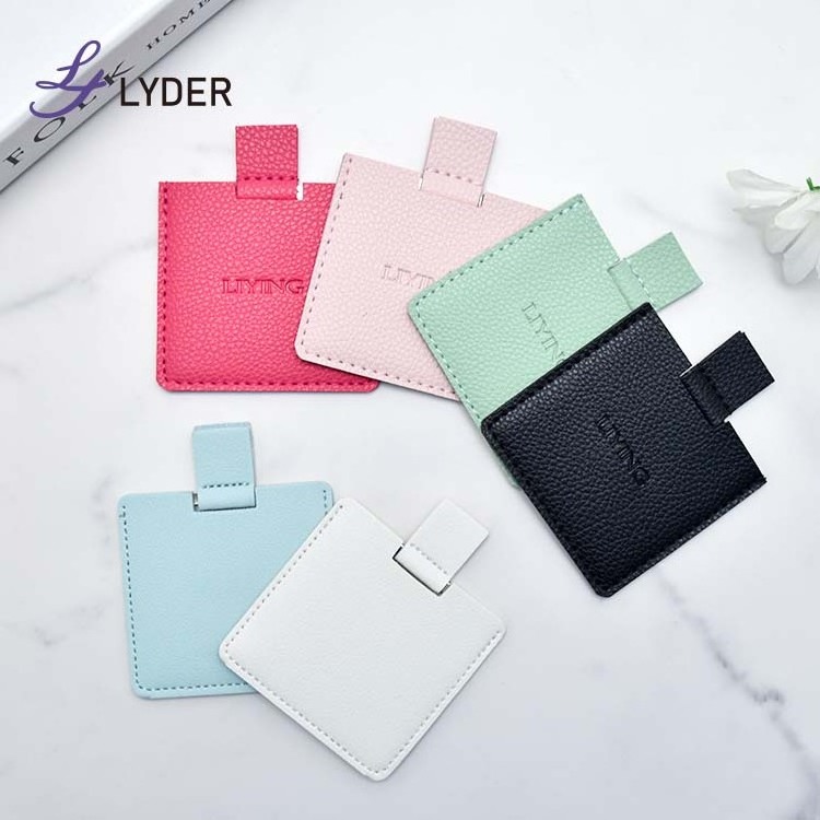 Lyder Custom Logo Stainless steel Mirror Portable Handheld Small Makeup Leather Pocket Mirror PU Makeup Mirror