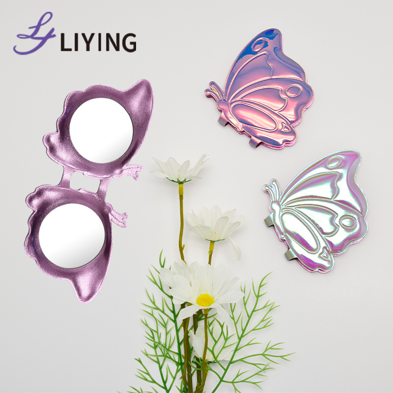 Lyder New Bling Butterfly Mirror PU Leather Wholesale Private Label Lash Hand Pocket Mirror Compact Makeup Mirror