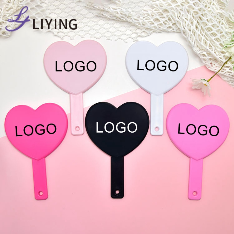 Lyder New Wholesale Personalized Rhinestone Bling Custom Logo Pink Heart Handheld Cosmetic Pocket Makeup Hand Mirror With Handle