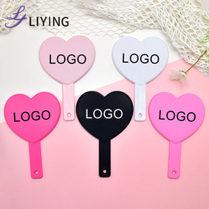 Lyder New Wholesale Personalized Rhinestone Bling Custom Logo Pink Heart Handheld Cosmetic Pocket Makeup Hand Mirror With Handle