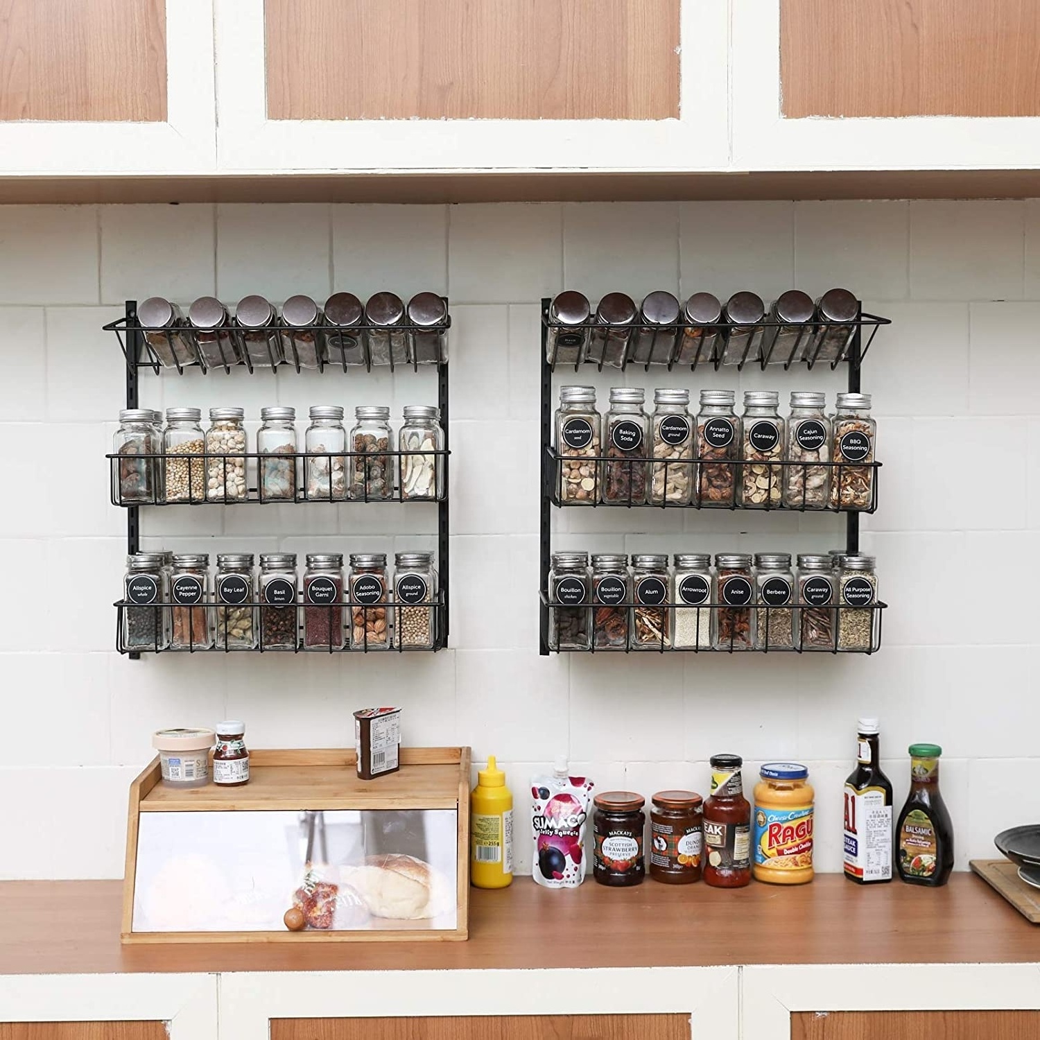 Wall Mounted Spice Rack Organizer 6 Tier Hanging Seasoning Holder with Hooks, Wire Storage Shelves for Kitchen