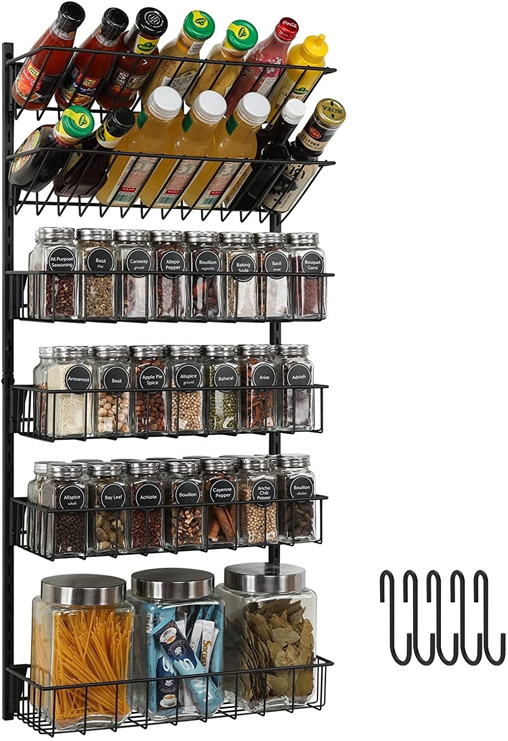 Wall Mounted Spice Rack Organizer 6 Tier Hanging Seasoning Holder with Hooks, Wire Storage Shelves for Kitchen