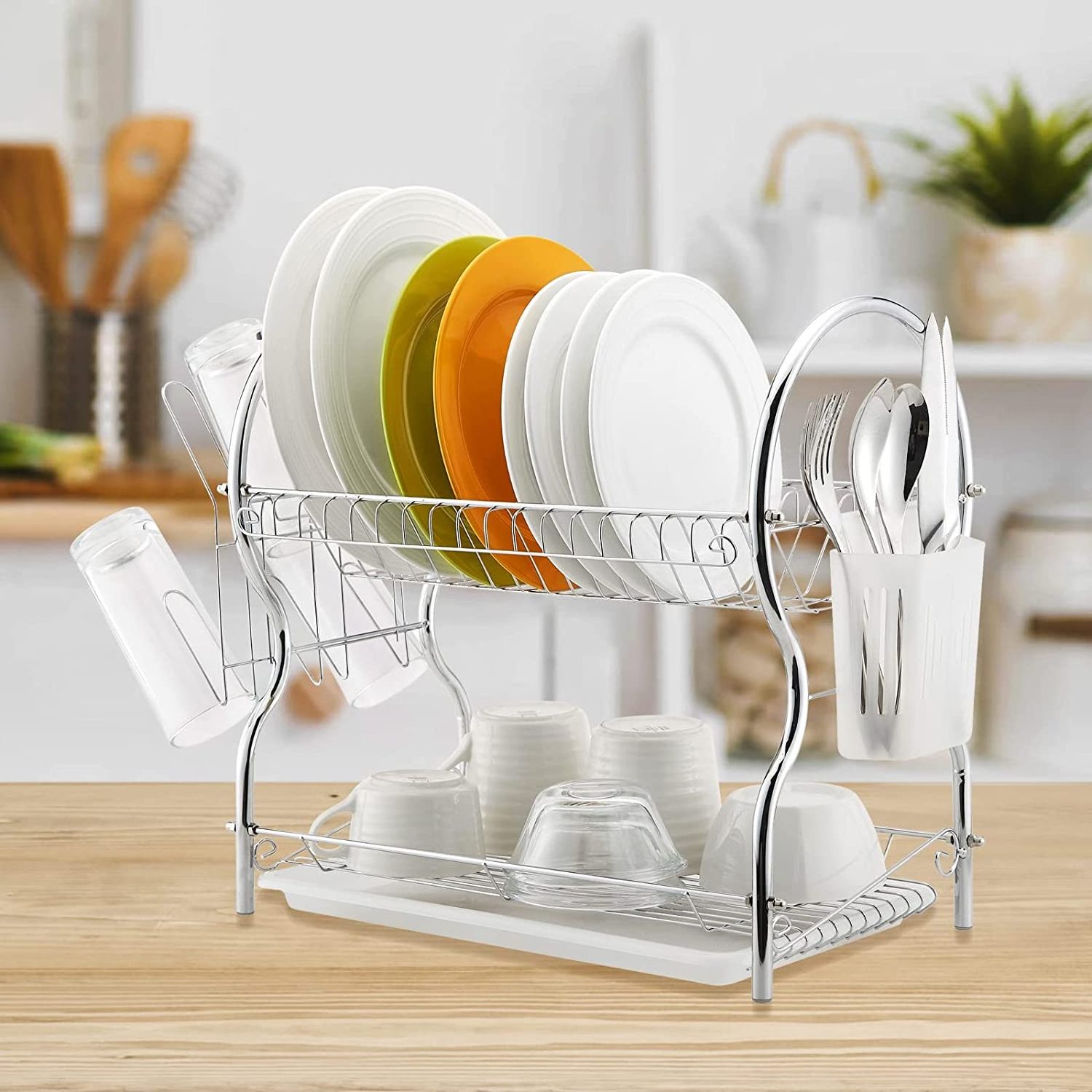 standing 2 tier wire dish rack/stainless steel chrome plated steel shelves/kitchen tableware place holders