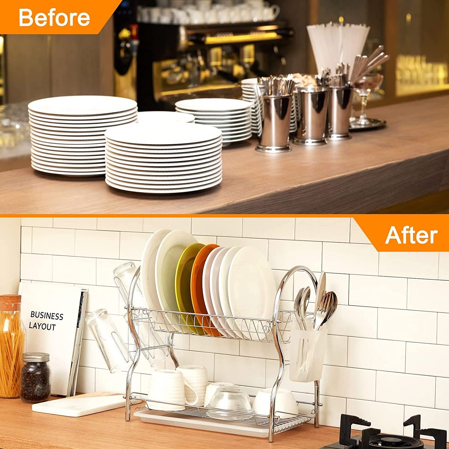 standing 2 tier wire dish rack/stainless steel chrome plated steel shelves/kitchen tableware place holders