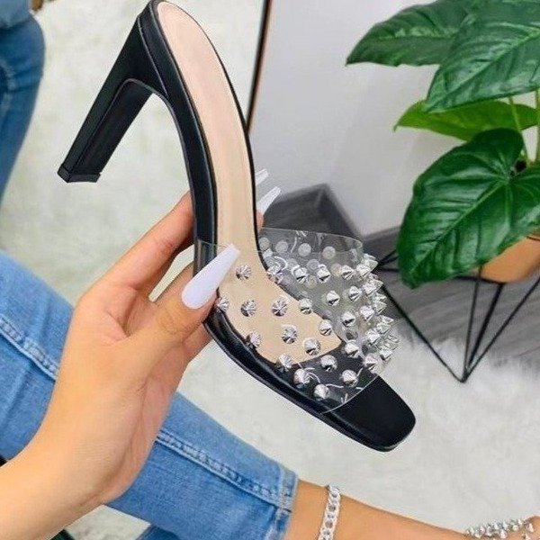 Summer new large square head fish mouth rivet women's transparent high heel shoes 611