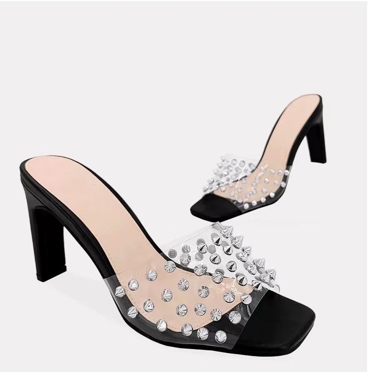 Summer new large square head fish mouth rivet women's transparent high heel shoes 611