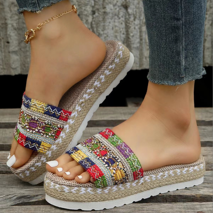 Large thick bottom fish mouth woven hemp rope candy colored women's sandals and slippers  QS333