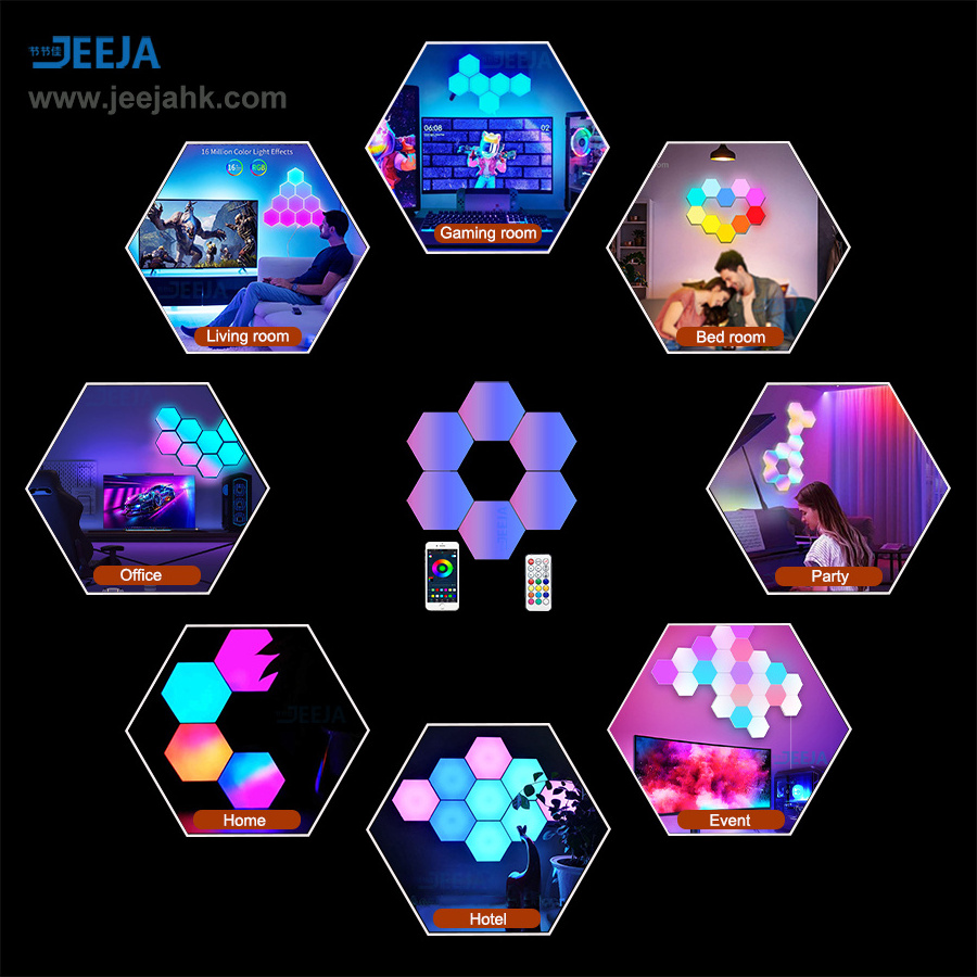 JEJA DIY Hexagon LED Lights Music Sync for Wall with App & Remote Smart RGB Panels for Gaming Room Bedroom Living Room