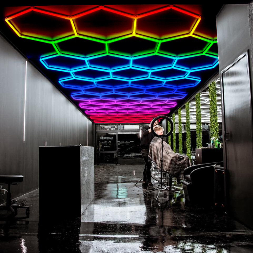 Auto Detailing LED Honeycomb Lighting RGB Hexagon Linear Lights Surface Mounted Garage AC Power Supply