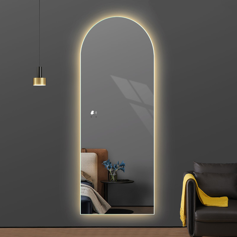 Modern Decorative Arch Shaped Floor To Ceiling Wall Hanging Bedroom Bathroom Salon LED Touch Intelligent Makeup Dressing Mirror