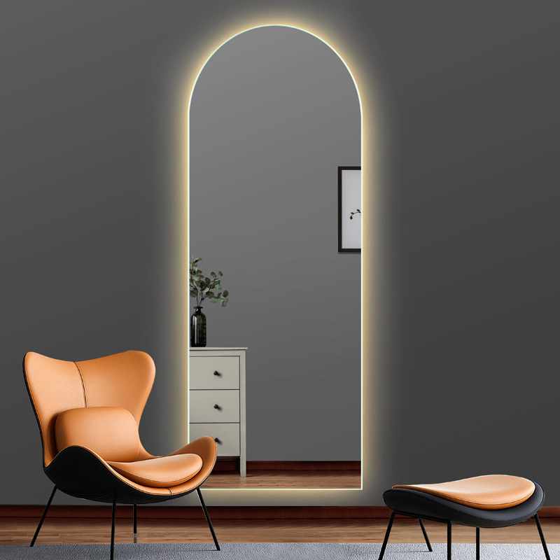 Modern Decorative Arch Shaped Floor To Ceiling Wall Hanging Bedroom Bathroom Salon LED Touch Intelligent Makeup Dressing Mirror