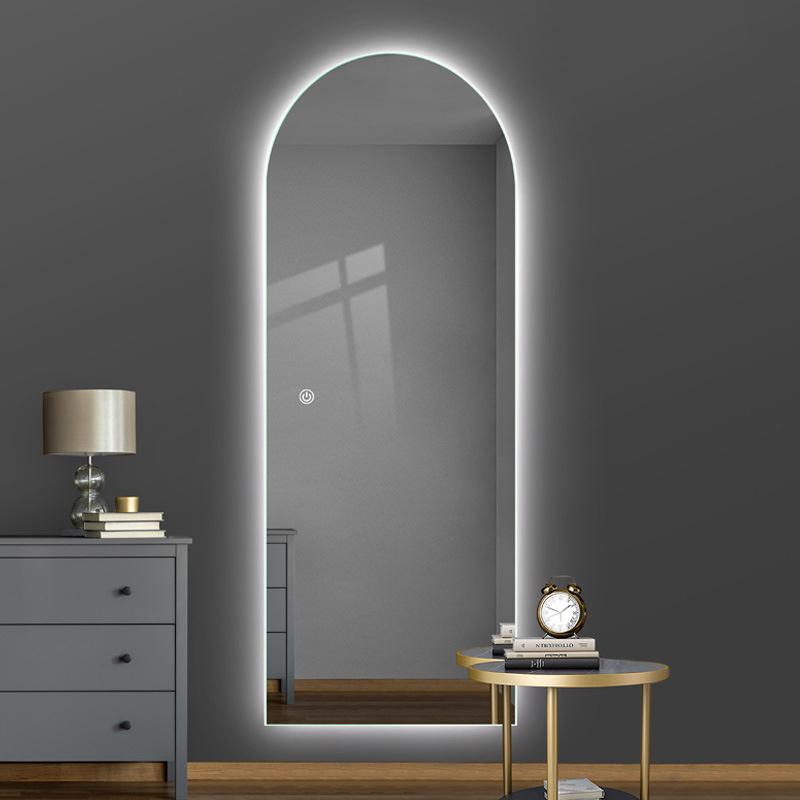 Modern Decorative Arch Shaped Floor To Ceiling Wall Hanging Bedroom Bathroom Salon LED Touch Intelligent Makeup Dressing Mirror