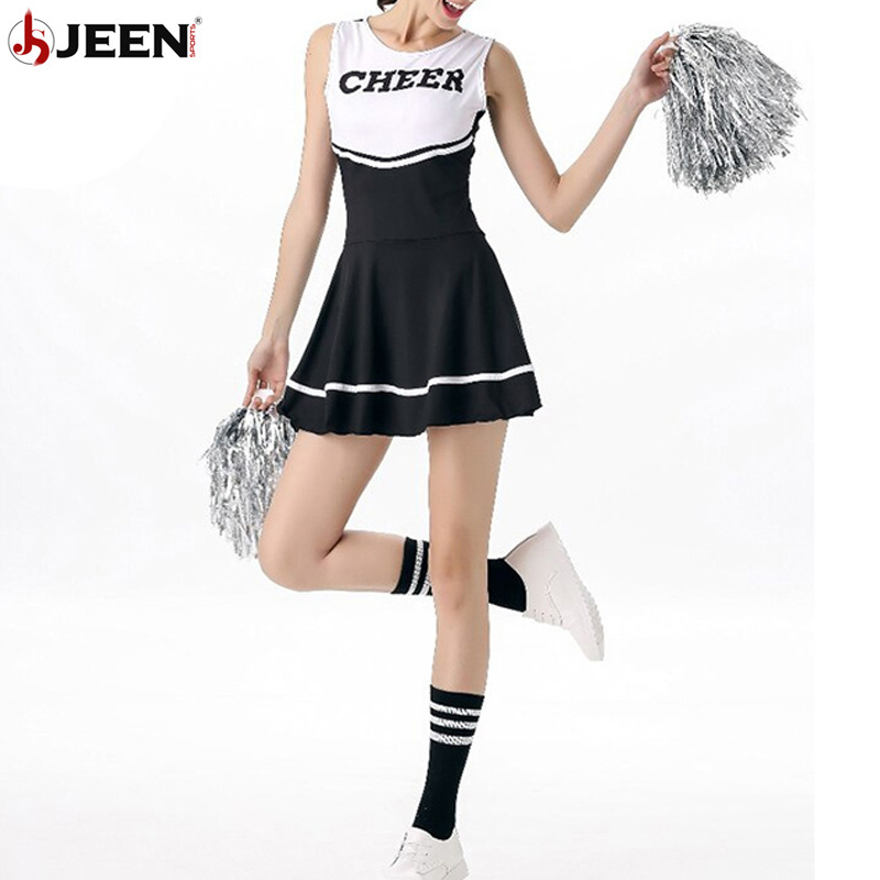 Customized Girls Cheer uniforms Set Black and White Color Sleeveless Cheerleader Uniform