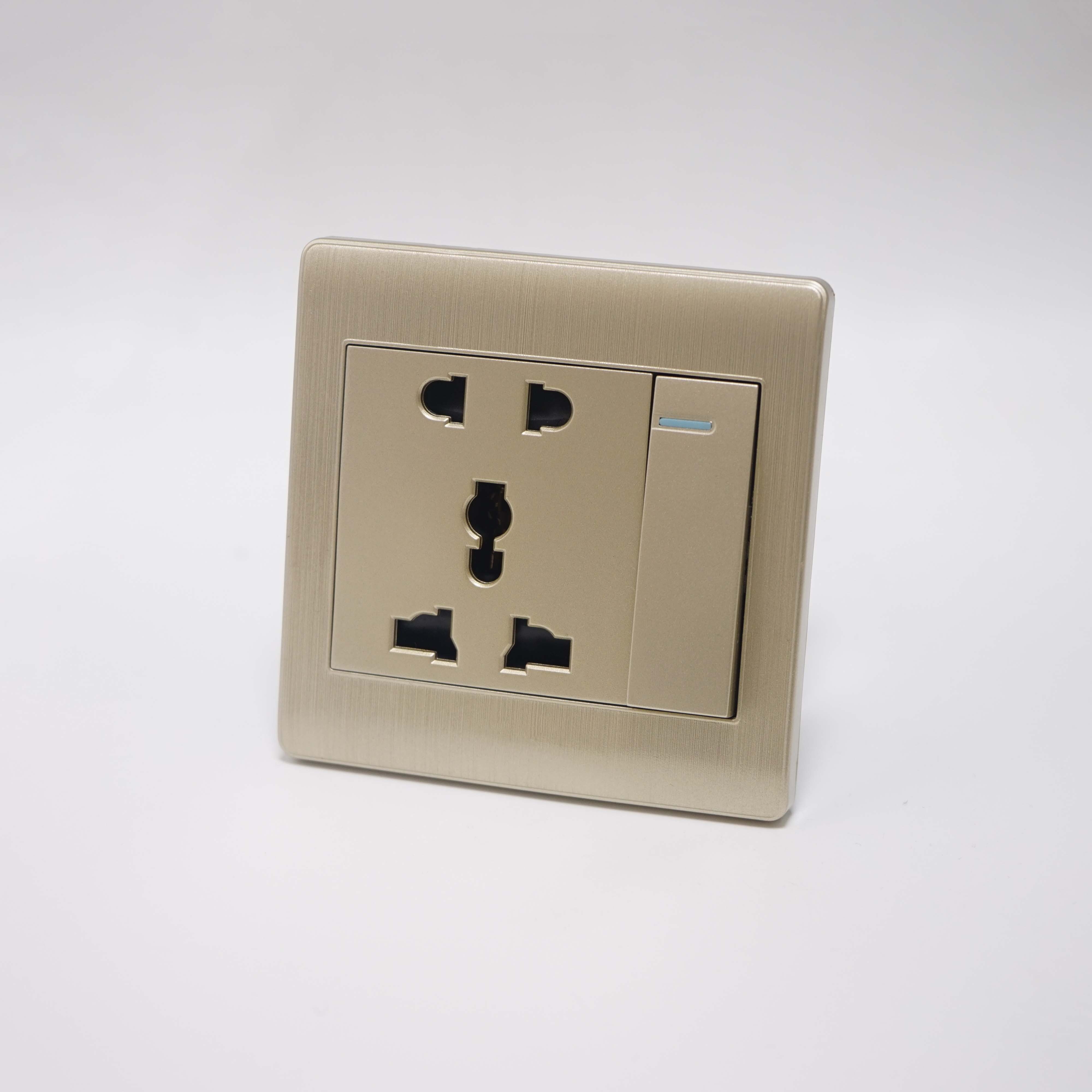 F5 Range 1 gang 1 way switch + 5 pin socket Brushed Golden Color Medium Rocker PC Plate 86 Plate 3*3