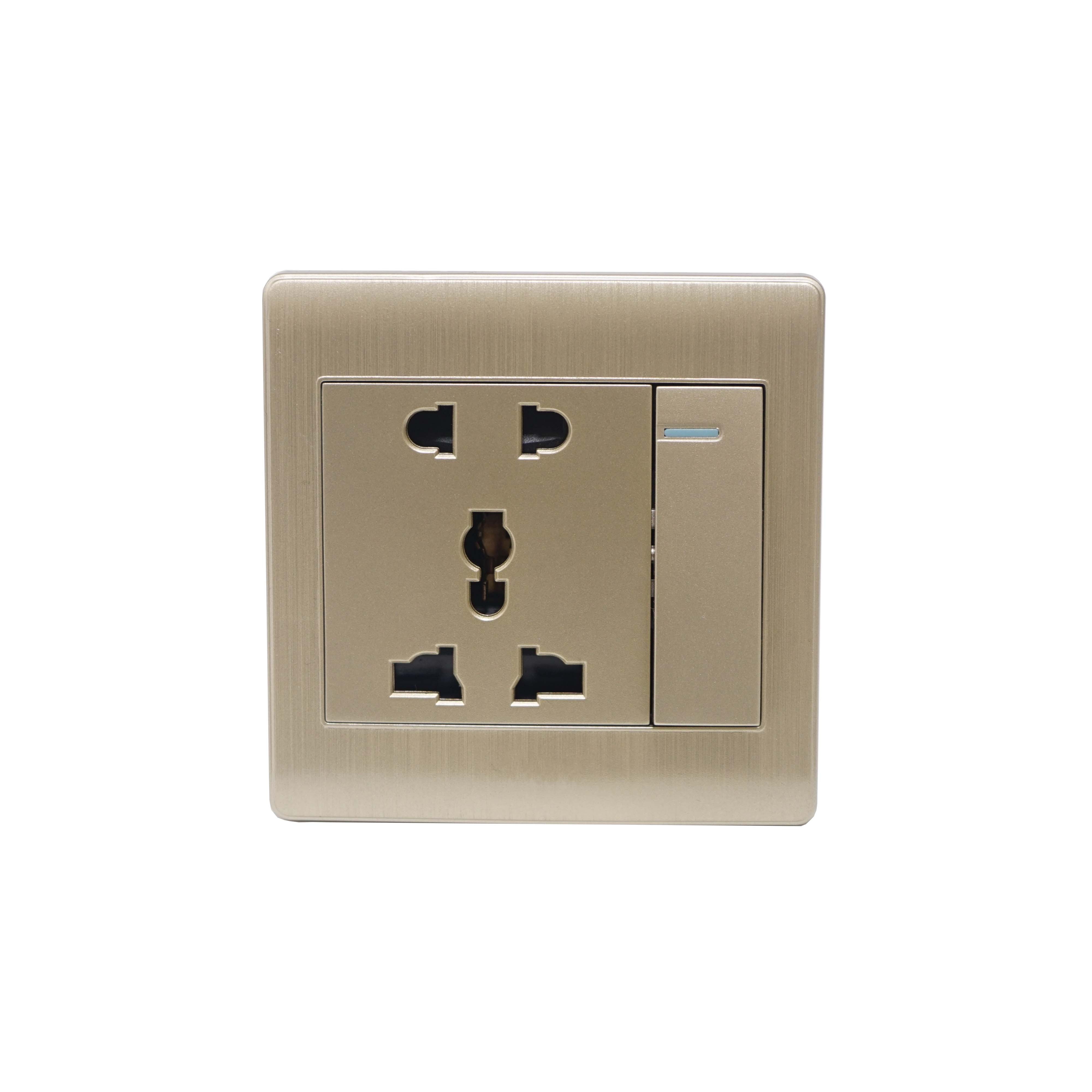 F5 Range 1 gang 1 way switch + 5 pin socket Brushed Golden Color Medium Rocker PC Plate 86 Plate 3*3