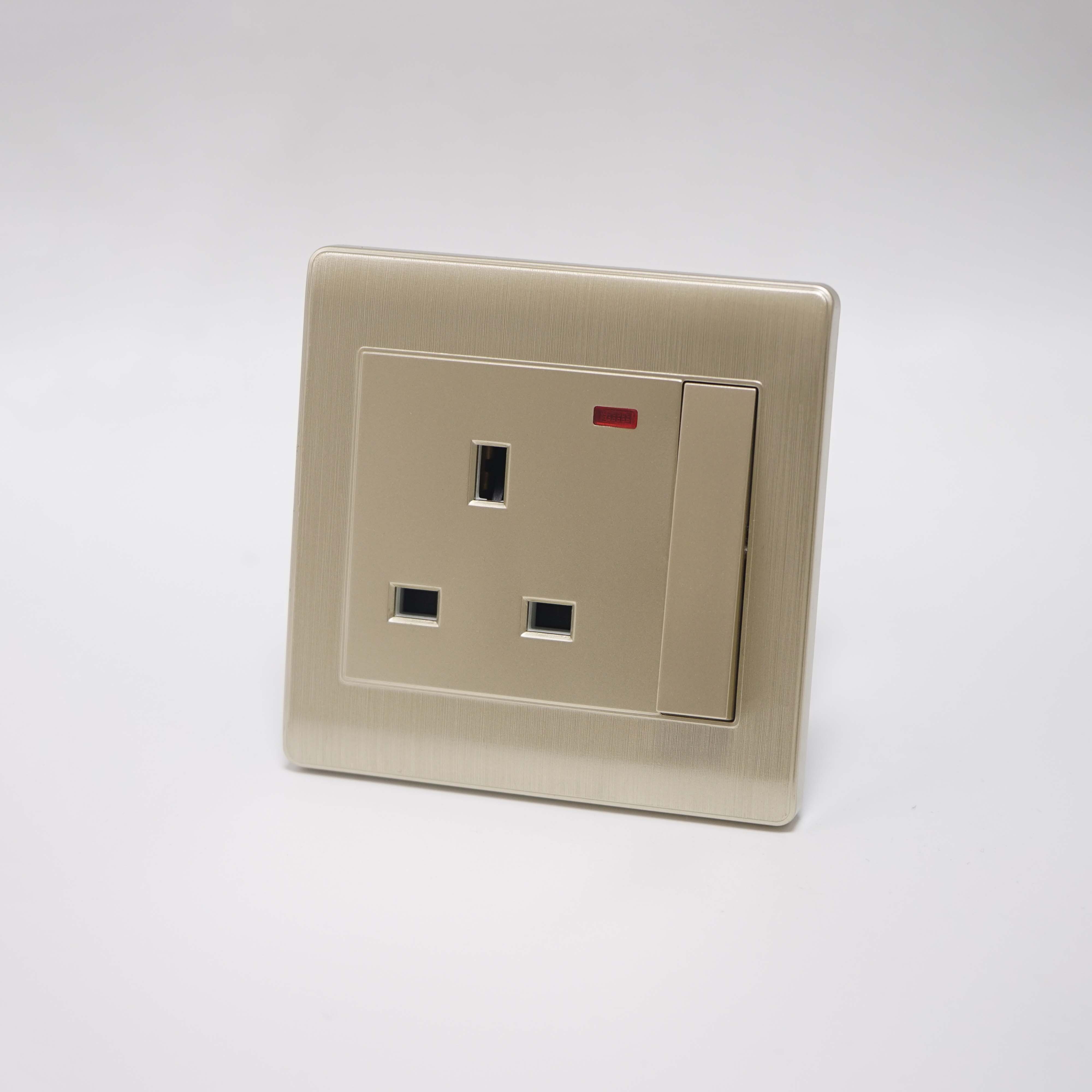 F5 Range 13A 1 gang switched socket + neon Brushed Golden Color Medium Rocker PC Plate 86 Plate 3*3