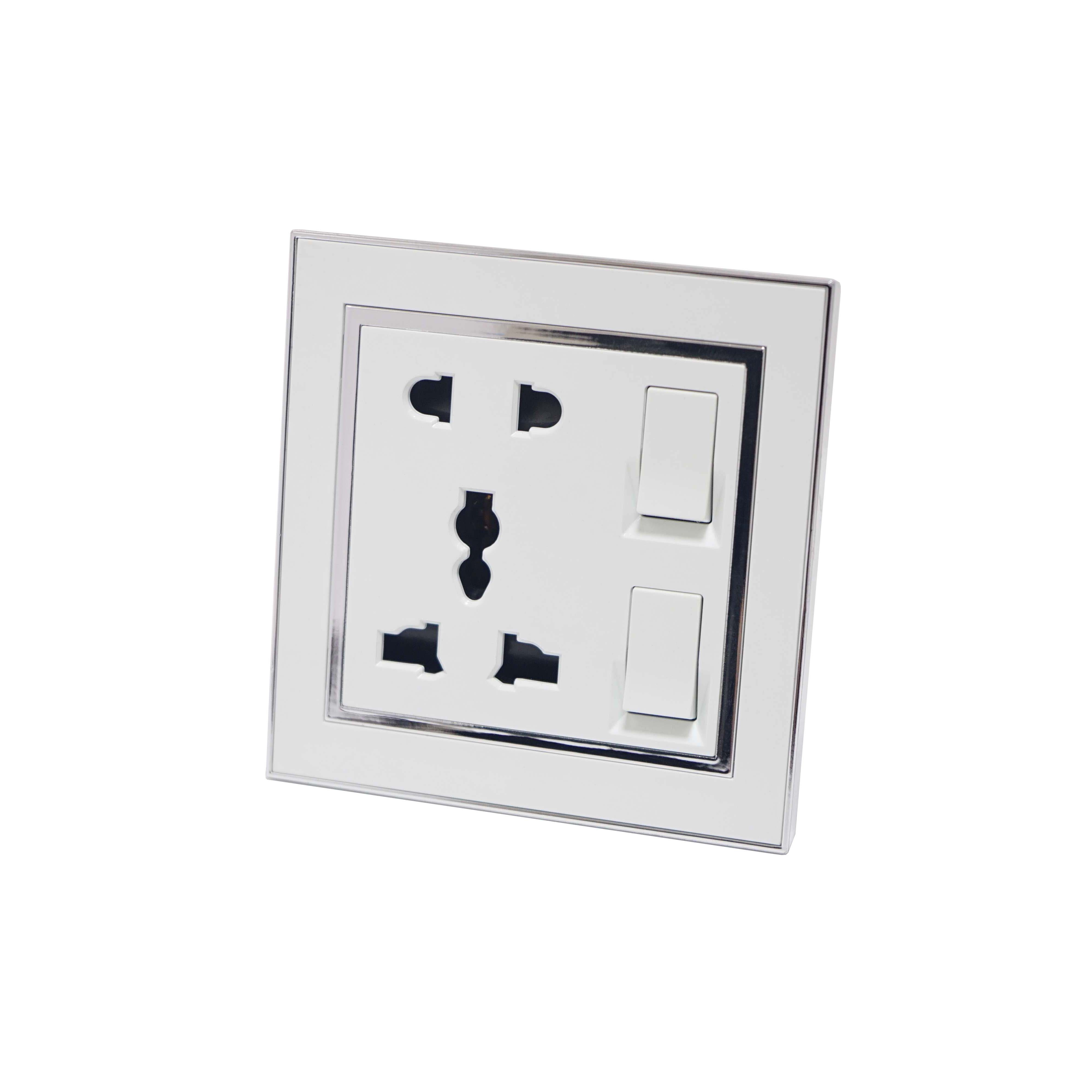 V7 Range 2 gang 1 way switch + 5 pin socket White Color Silver Electroplated Ring PC Plate 86 Plate 3*3 small rocker