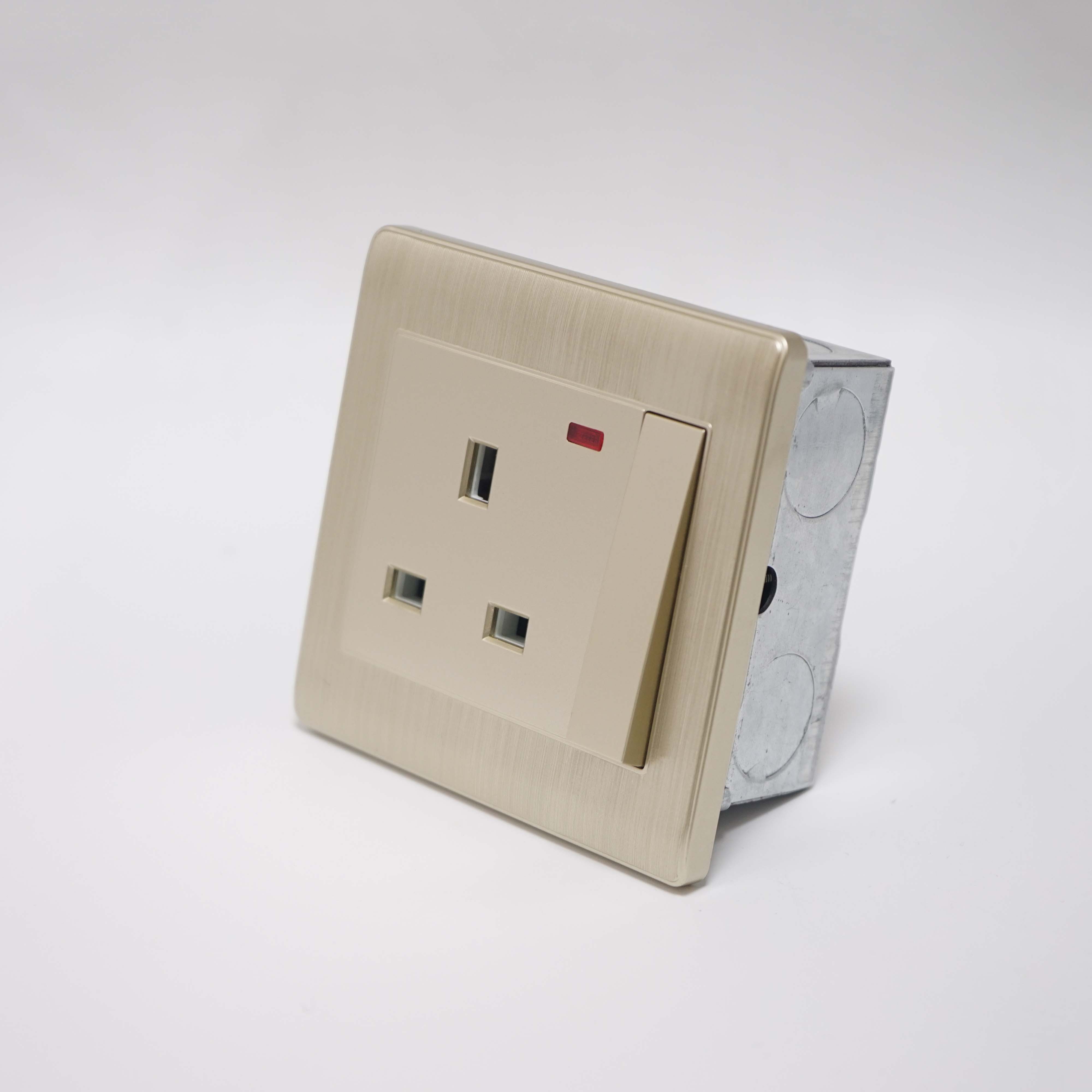 F5 Range 13A 1 gang switched socket + neon Brushed Golden Color Medium Rocker PC Plate 86 Plate 3*3