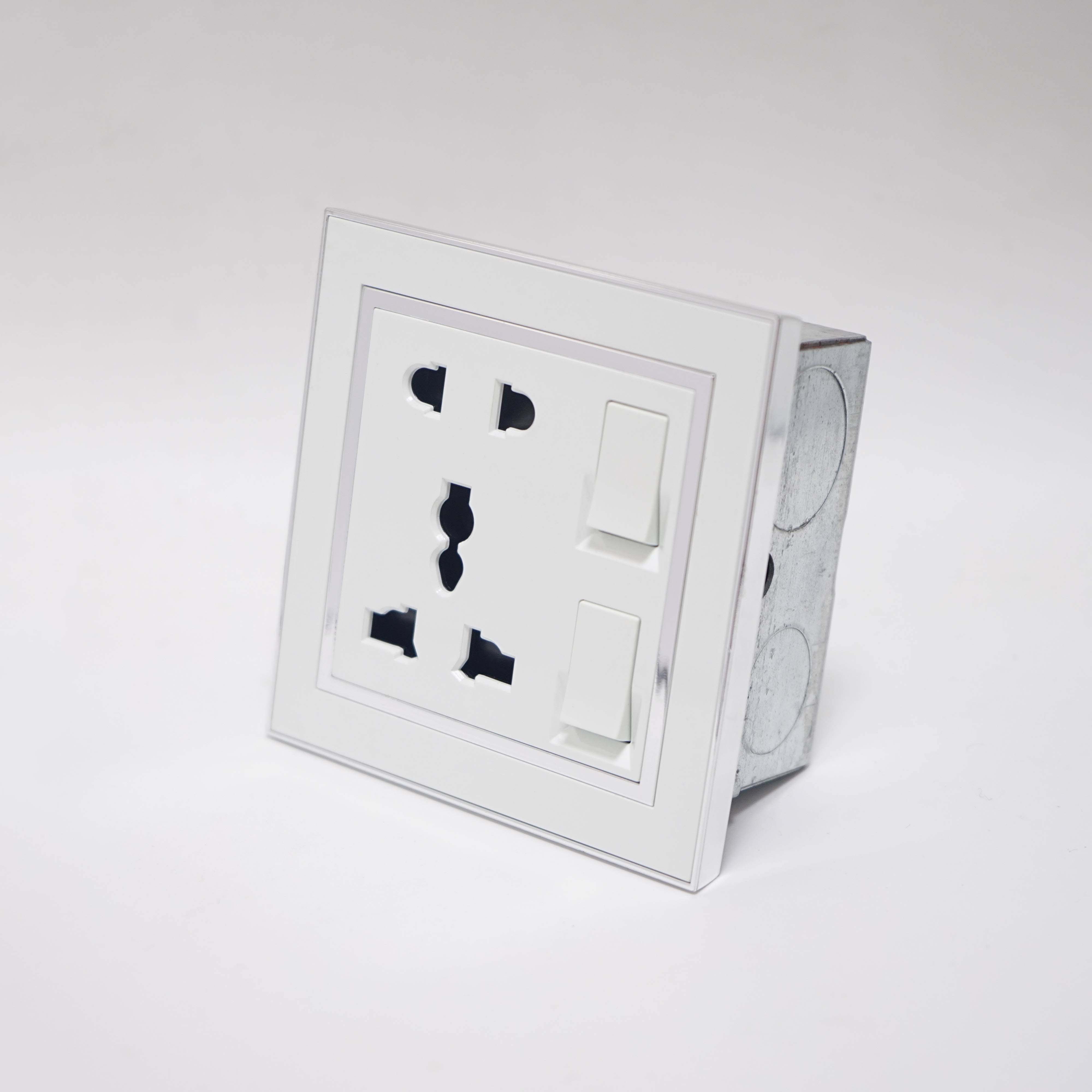 V7 Range 2 gang 1 way switch + 5 pin socket White Color Silver Electroplated Ring PC Plate 86 Plate 3*3 small rocker