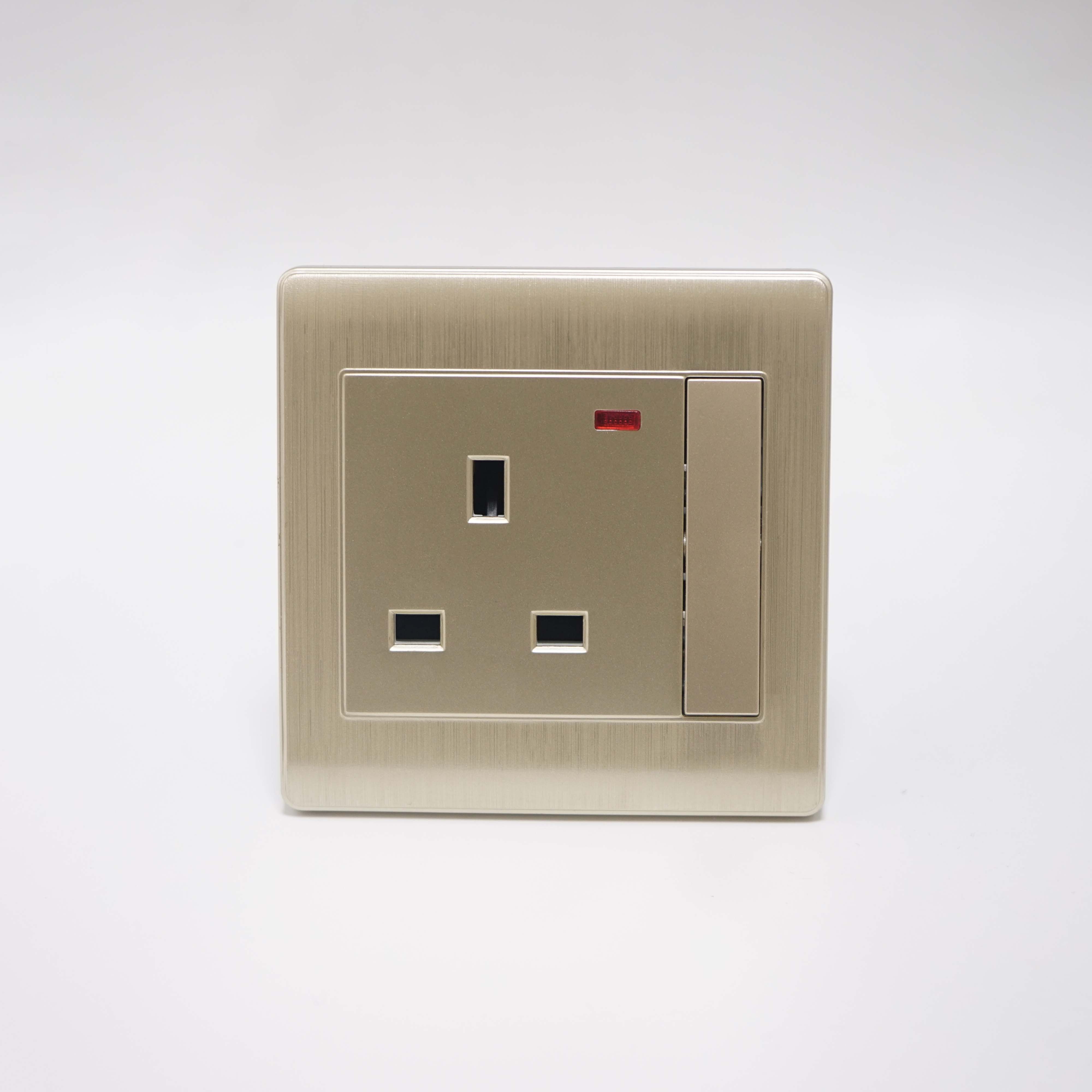 F5 Range 13A 1 gang switched socket + neon Brushed Golden Color Medium Rocker PC Plate 86 Plate 3*3